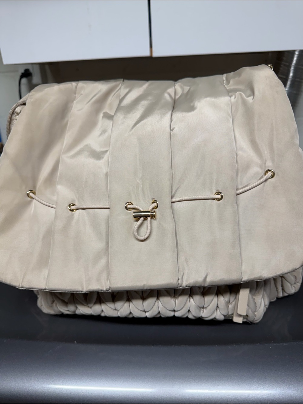 Kids Cream Quilted Shoulder Bag with Gold Accents